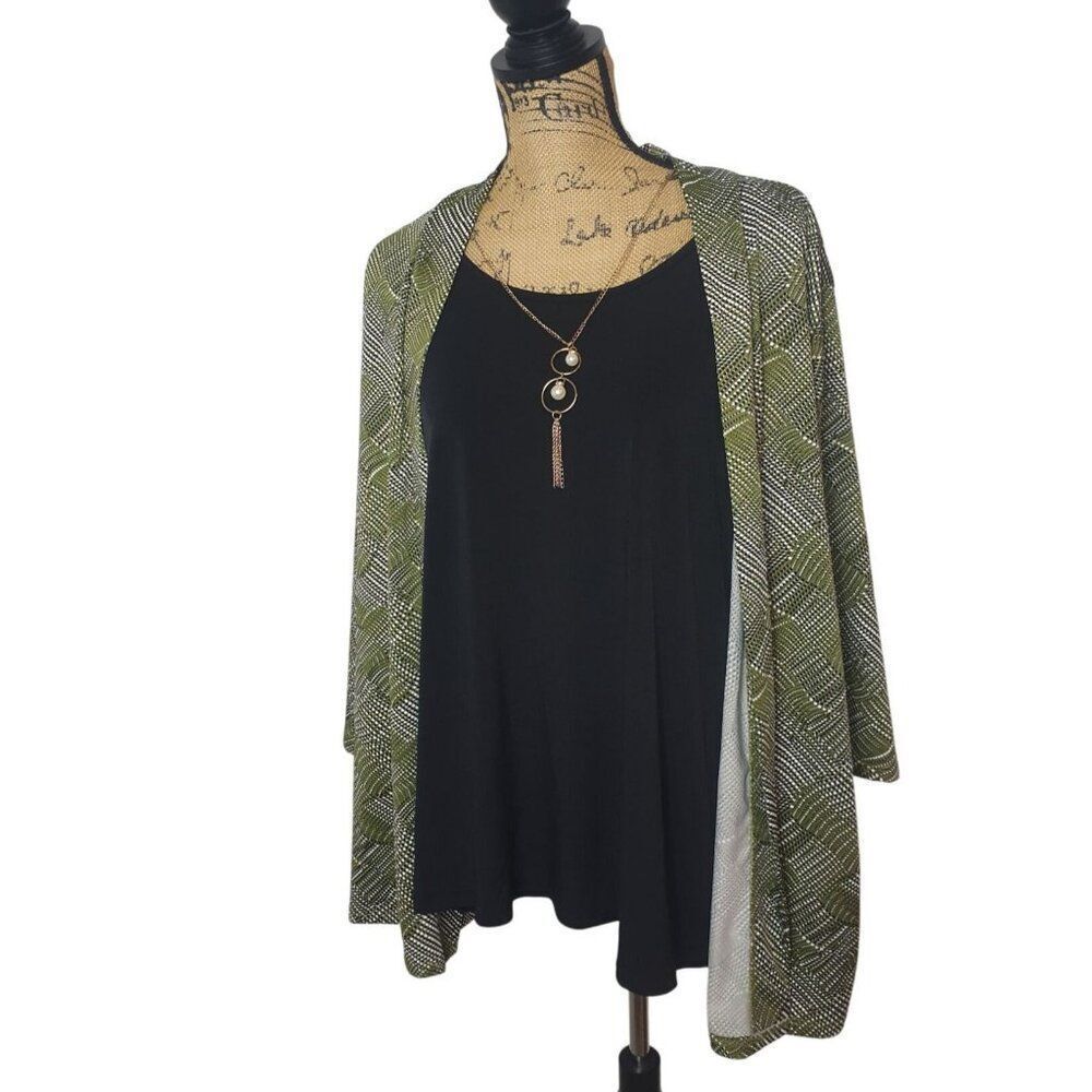 NY Collection Womens Open Front Kimono  Cardigan 2X Green & Black New